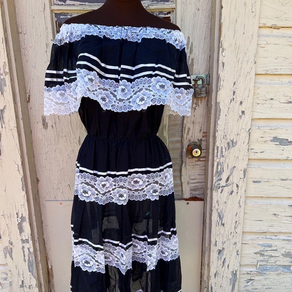 Vintage Mexican Off Shoulder Lace Wedding Patio 70s Dress Small MIDI Summer